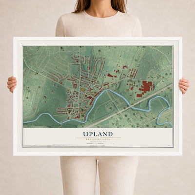 Map of Upland, Pennsylvania, 24 x 36 inch print in a white wood frame