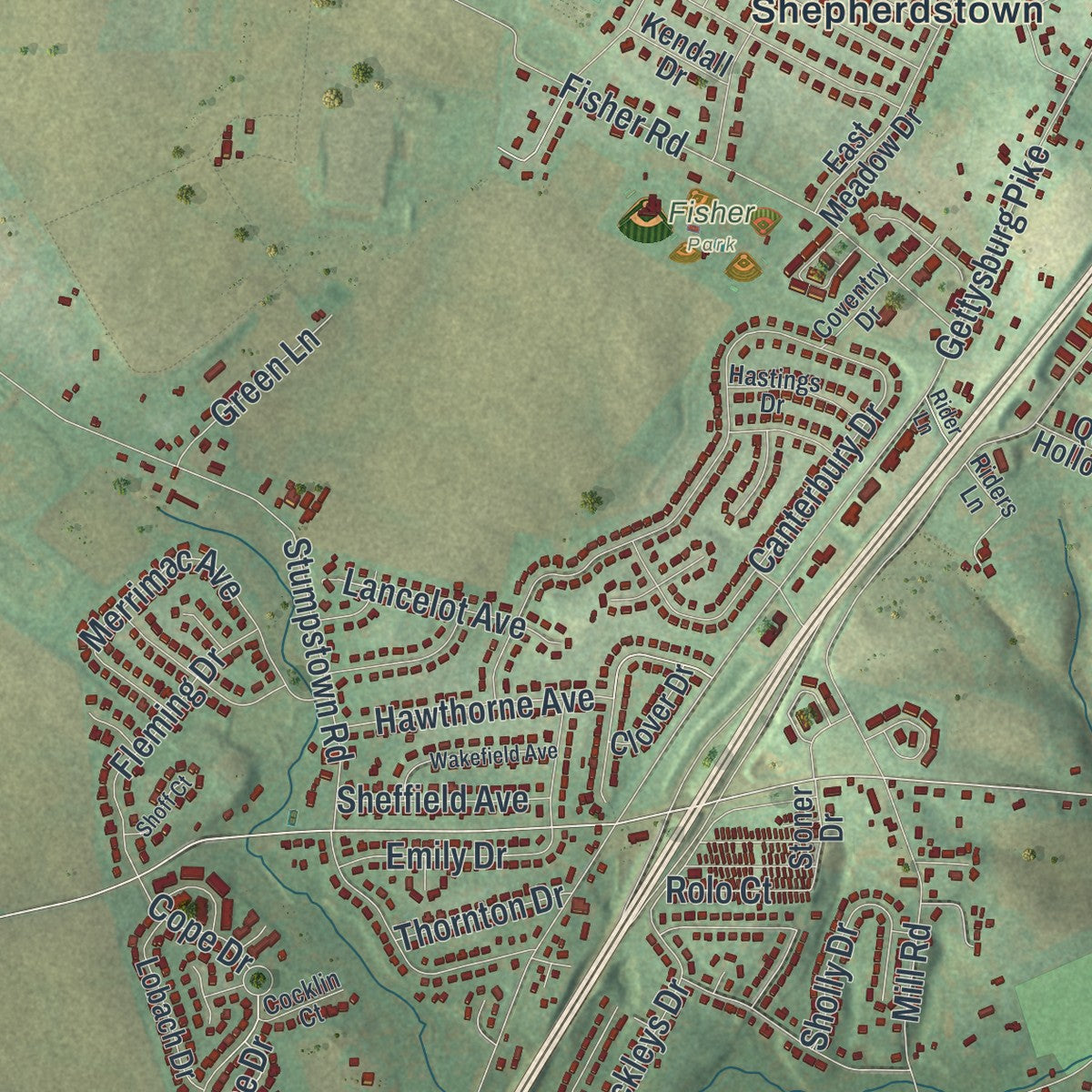 Second close-up of the map of Upper Allen, Pennsylvania print showing more streets and buildings