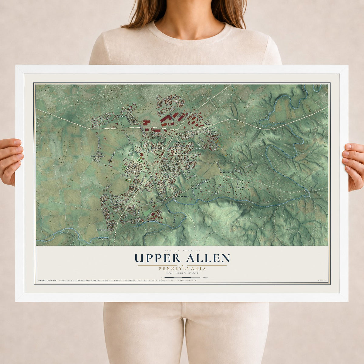 Map of Upper Allen, Pennsylvania, 18 x 24 inch print in a white wood frame