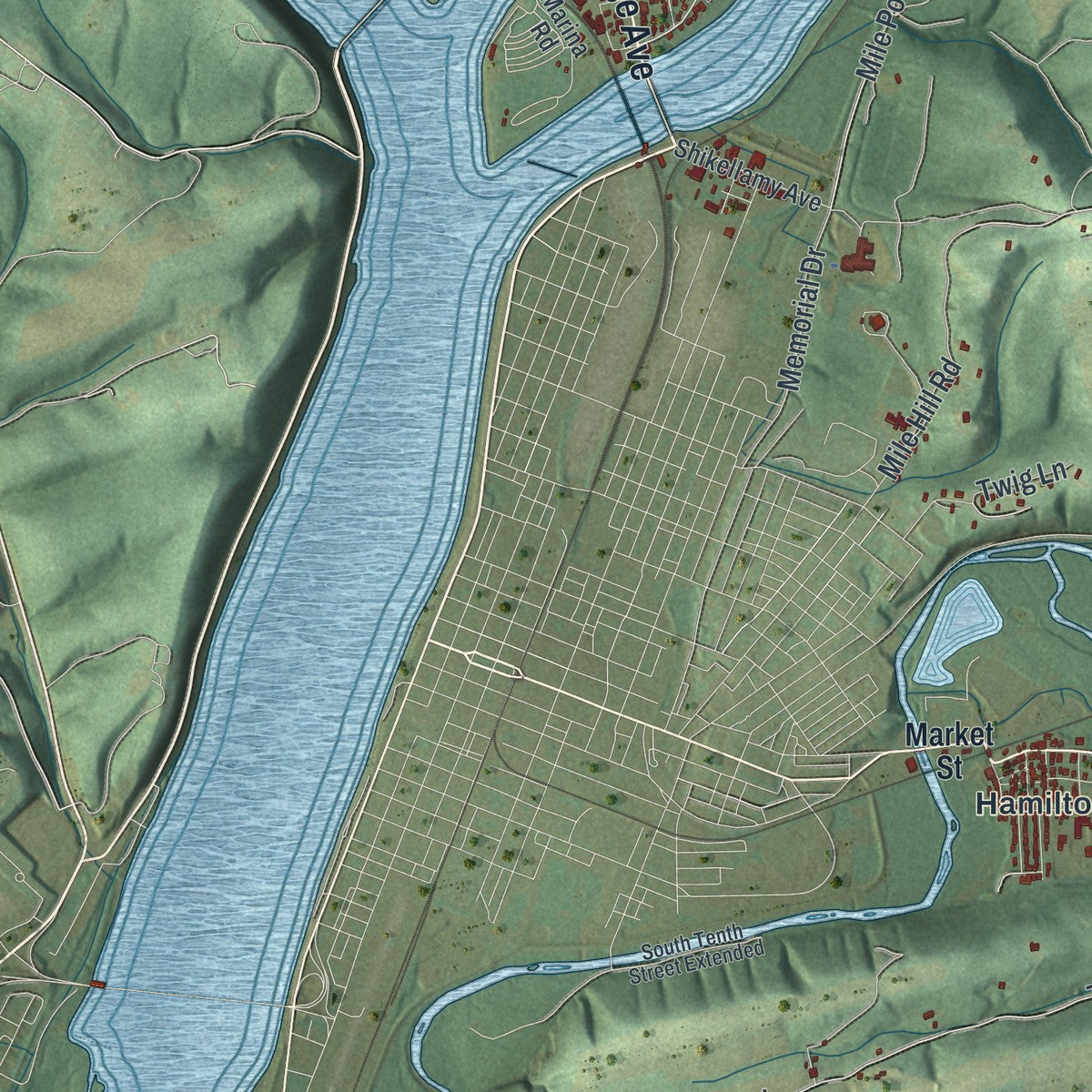 Close-up of the map of Upper Augusta, Pennsylvania print showing street and building detail