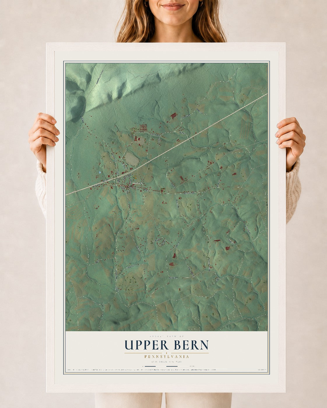 Map of Upper Bern, Pennsylvania, 24 x 36 inch print in a white wood frame