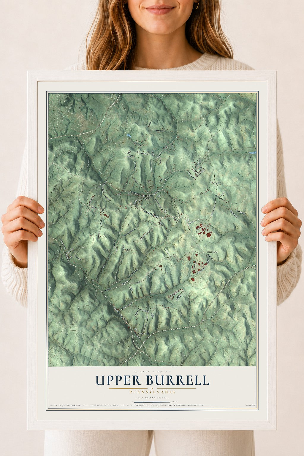 Map of Upper Burrell, Pennsylvania, 18 x 24 inch print in a white wood frame