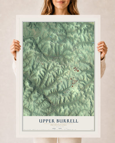 Map of Upper Burrell, Pennsylvania, 24 x 36 inch print in a white wood frame