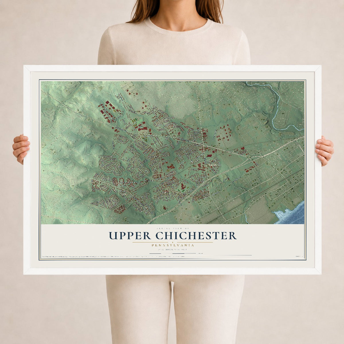 Map of Upper Chichester, Pennsylvania, 24 x 36 inch print in a white wood frame