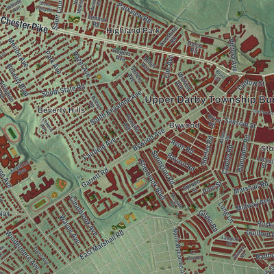 Second close-up of the map of Upper Darby, Pennsylvania print showing more streets and buildings