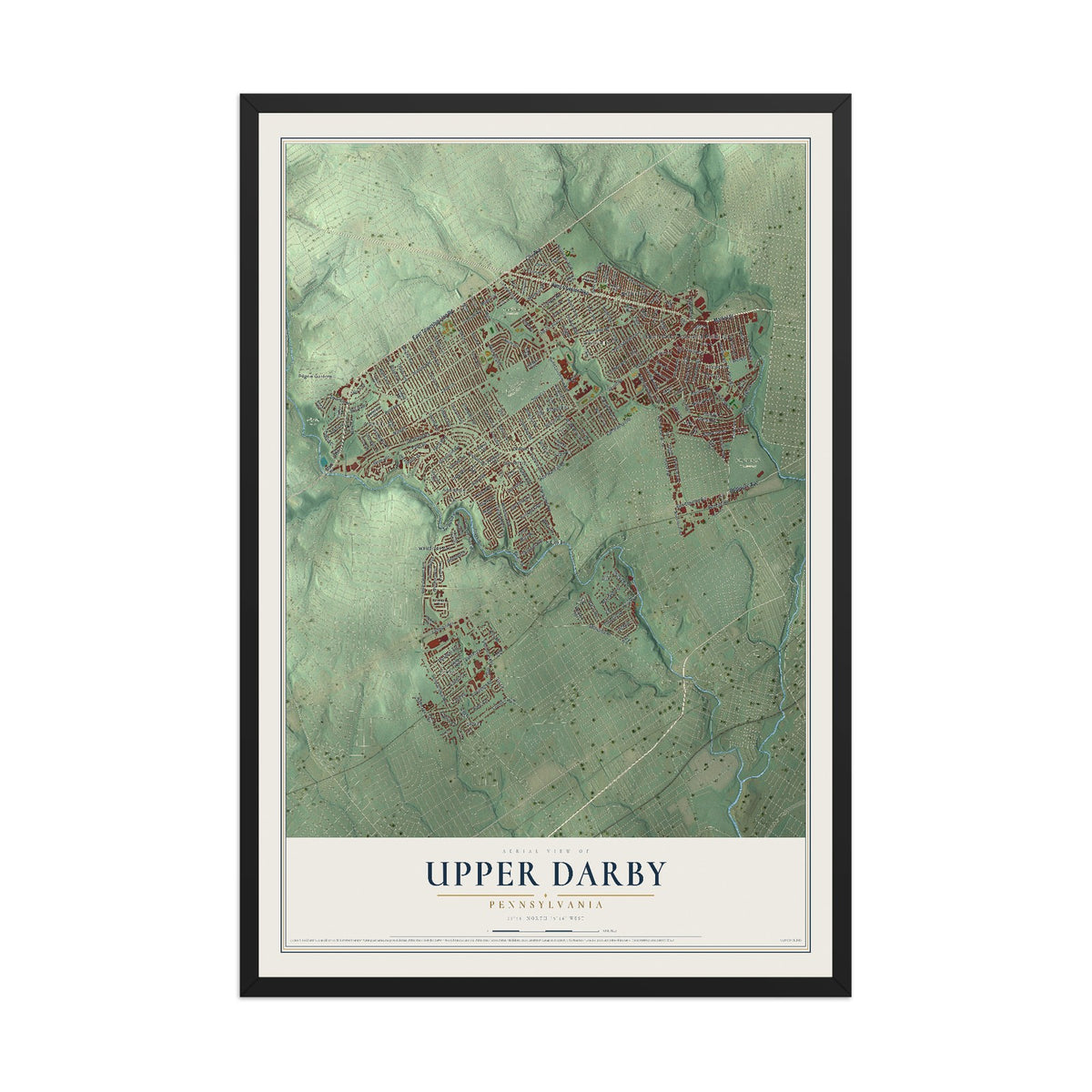 Map of Upper Darby, Pennsylvania, 12 x 18 inch print in a black wood frame