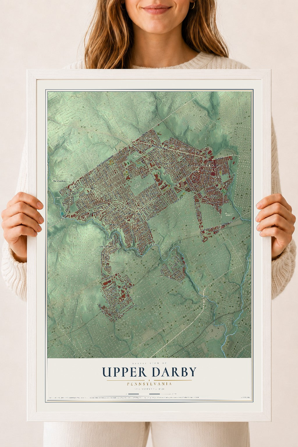 Map of Upper Darby, Pennsylvania, 18 x 24 inch print in a white wood frame