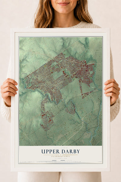 Map of Upper Darby, Pennsylvania, 18 x 24 inch print in a white wood frame