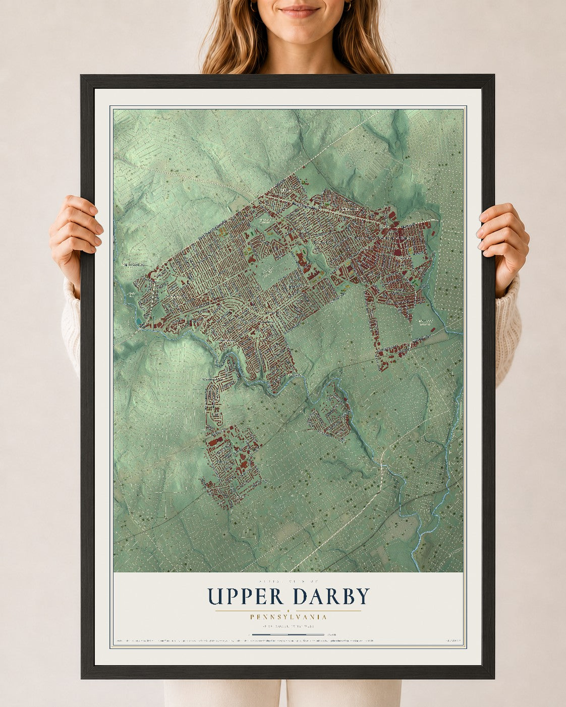 Map of Upper Darby, Pennsylvania, 24 x 36 inch print in a black wood frame