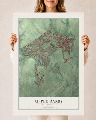 Map of Upper Darby, Pennsylvania, 24 x 36 inch print in a white wood frame