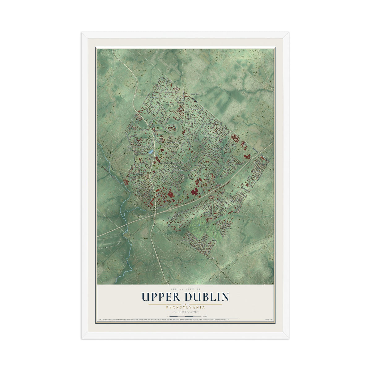 Map of Upper Dublin, Pennsylvania, 12 x 18 inch print in a white wood frame
