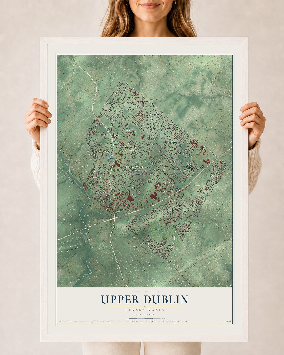 Map of Upper Dublin, Pennsylvania, 24 x 36 inch print in a white wood frame