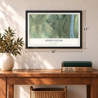 Upper Exeter, Pennsylvania map, 12 x 18 inch print in a black frame in an entryway