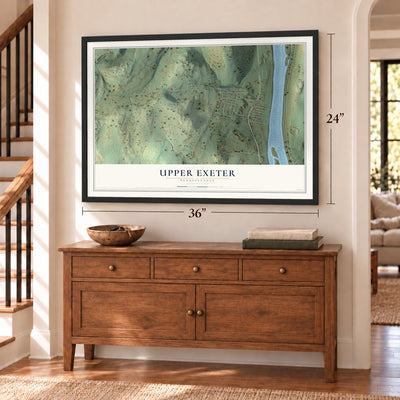 Upper Exeter, Pennsylvania map, 24 x 36 inch print in a black frame above a dresser by a staircase
