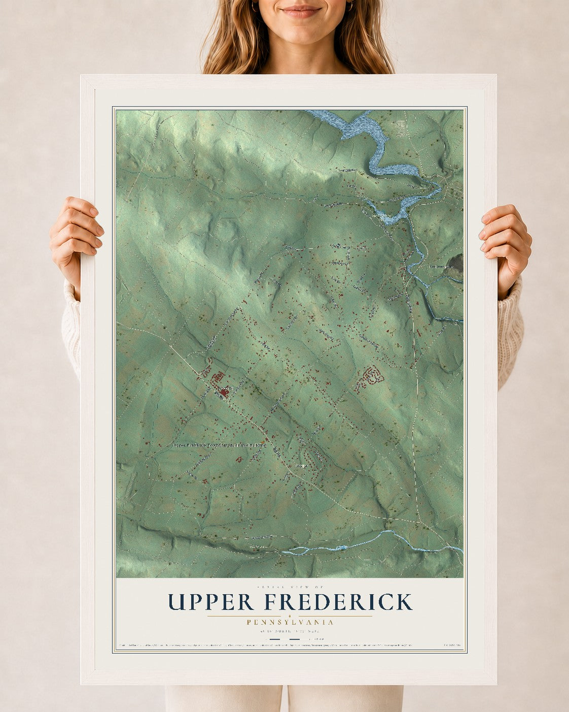 Map of Upper Frederick, Pennsylvania, 24 x 36 inch print in a white wood frame