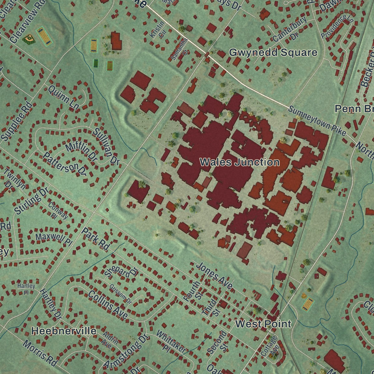 Close-up of the map of Upper Gwynedd, Pennsylvania print showing street and building detail