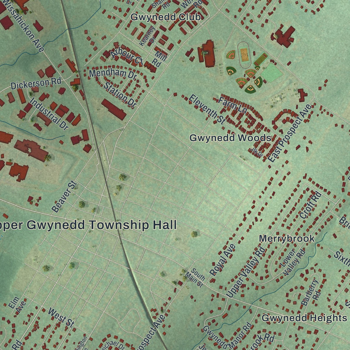 Second close-up of the map of Upper Gwynedd, Pennsylvania print showing more streets and buildings