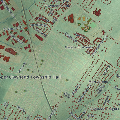 Second close-up of the map of Upper Gwynedd, Pennsylvania print showing more streets and buildings