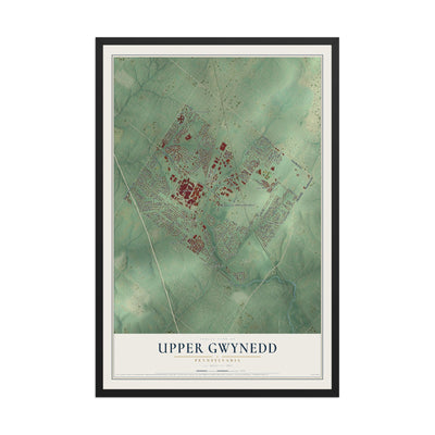 Map of Upper Gwynedd, Pennsylvania, 12 x 18 inch print in a black wood frame
