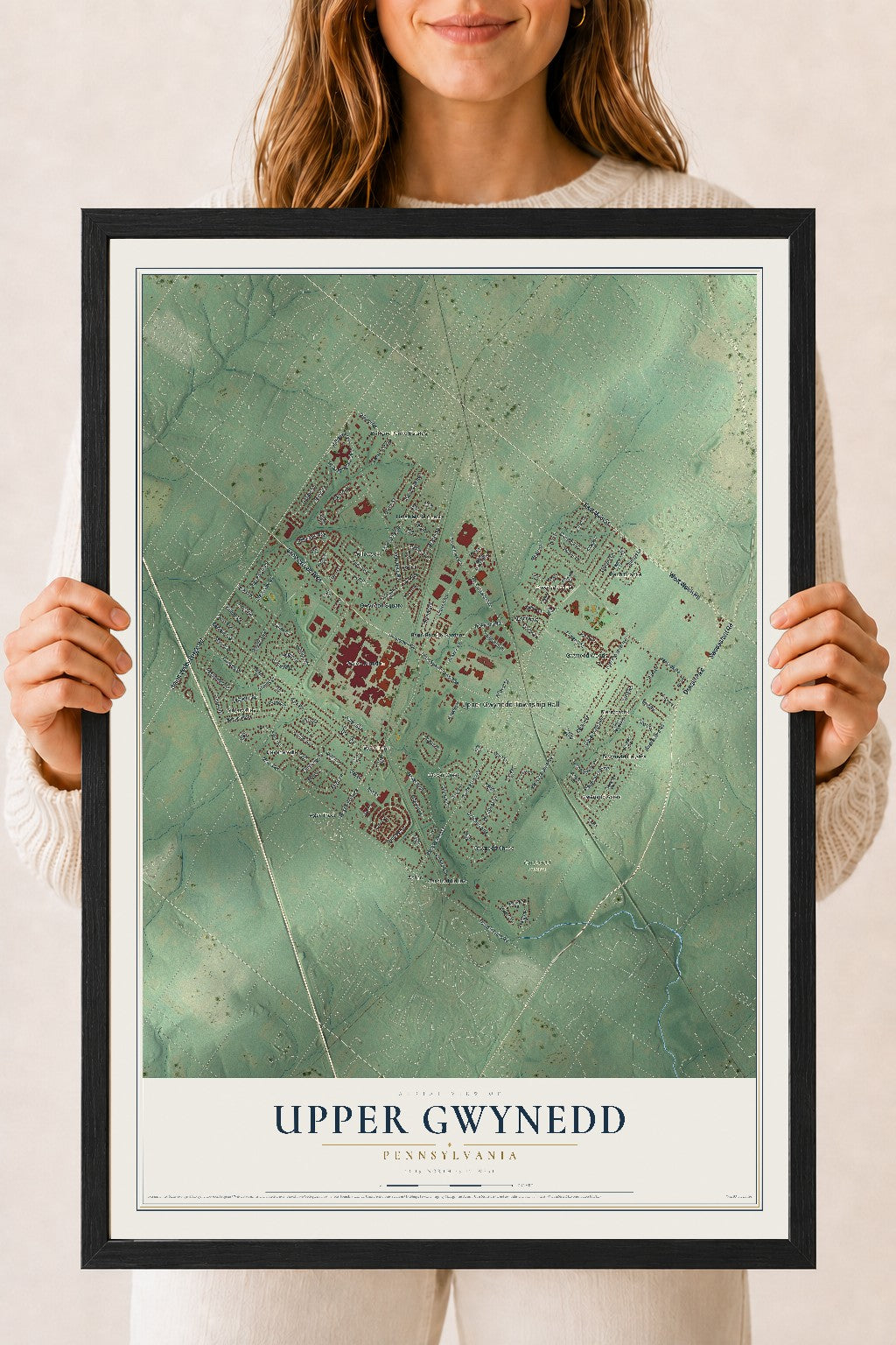 Map of Upper Gwynedd, Pennsylvania, 18 x 24 inch print in a black wood frame