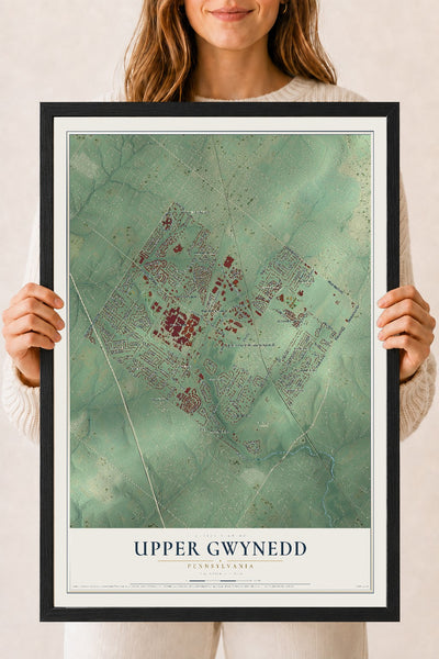 Map of Upper Gwynedd, Pennsylvania, 18 x 24 inch print in a black wood frame