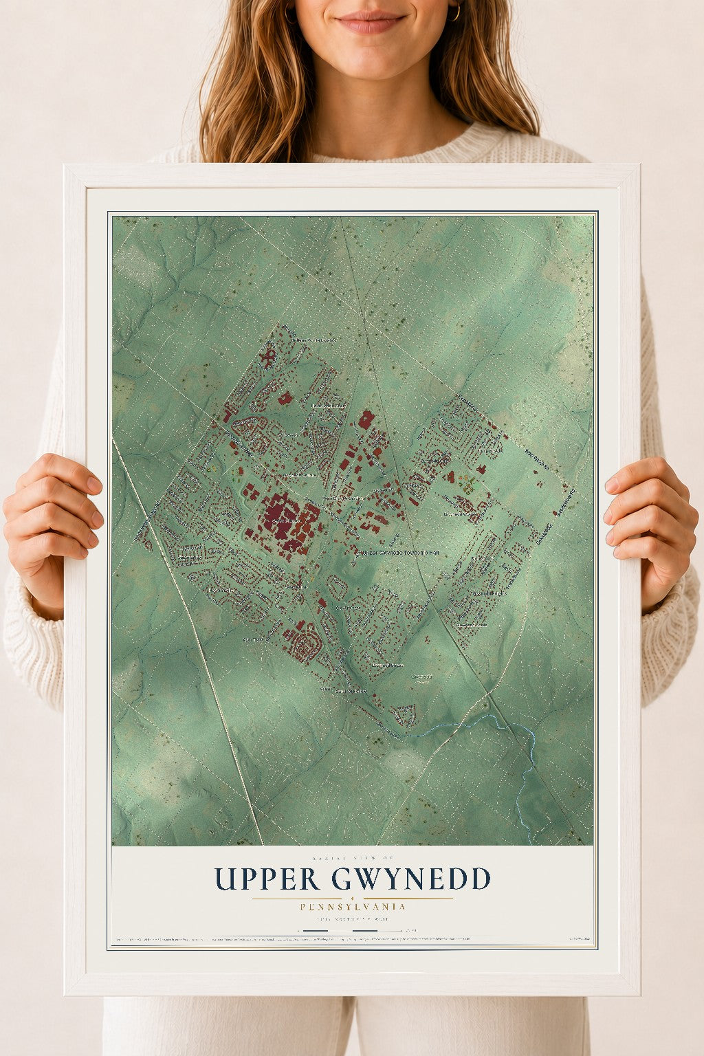 Map of Upper Gwynedd, Pennsylvania, 18 x 24 inch print in a white wood frame