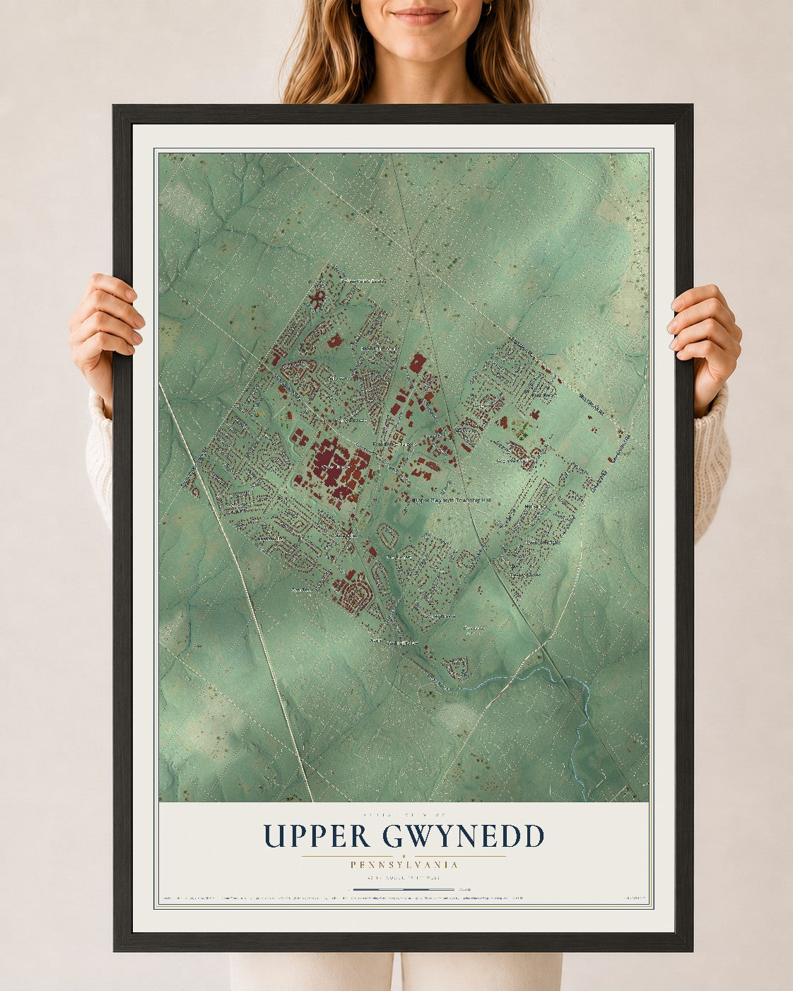 Map of Upper Gwynedd, Pennsylvania, 24 x 36 inch print in a black wood frame