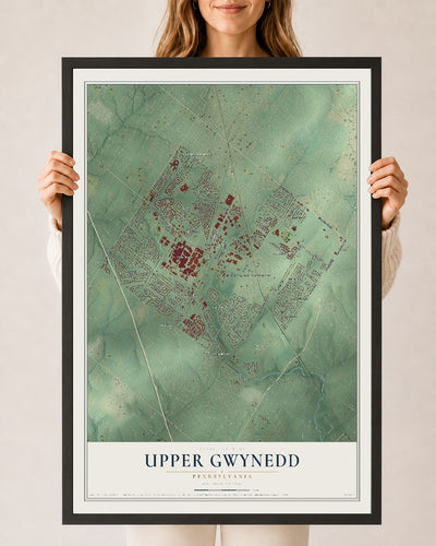 Map of Upper Gwynedd, Pennsylvania, 24 x 36 inch print in a black wood frame