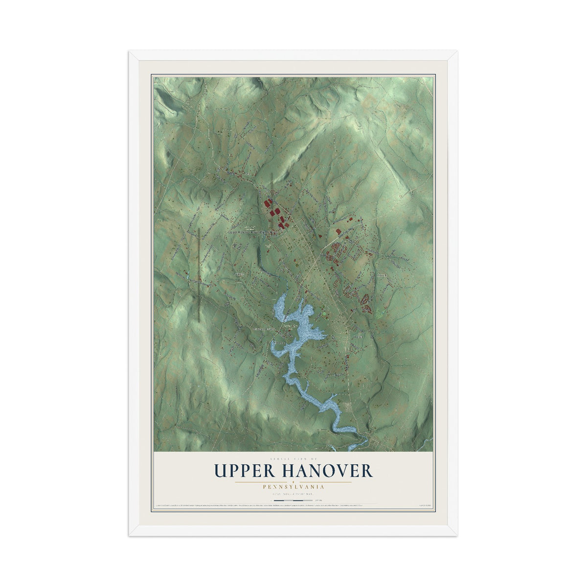 Map of Upper Hanover, Pennsylvania, 12 x 18 inch print in a white wood frame