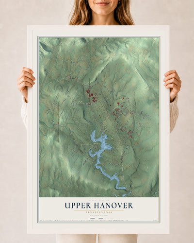 Map of Upper Hanover, Pennsylvania, 24 x 36 inch print in a white wood frame