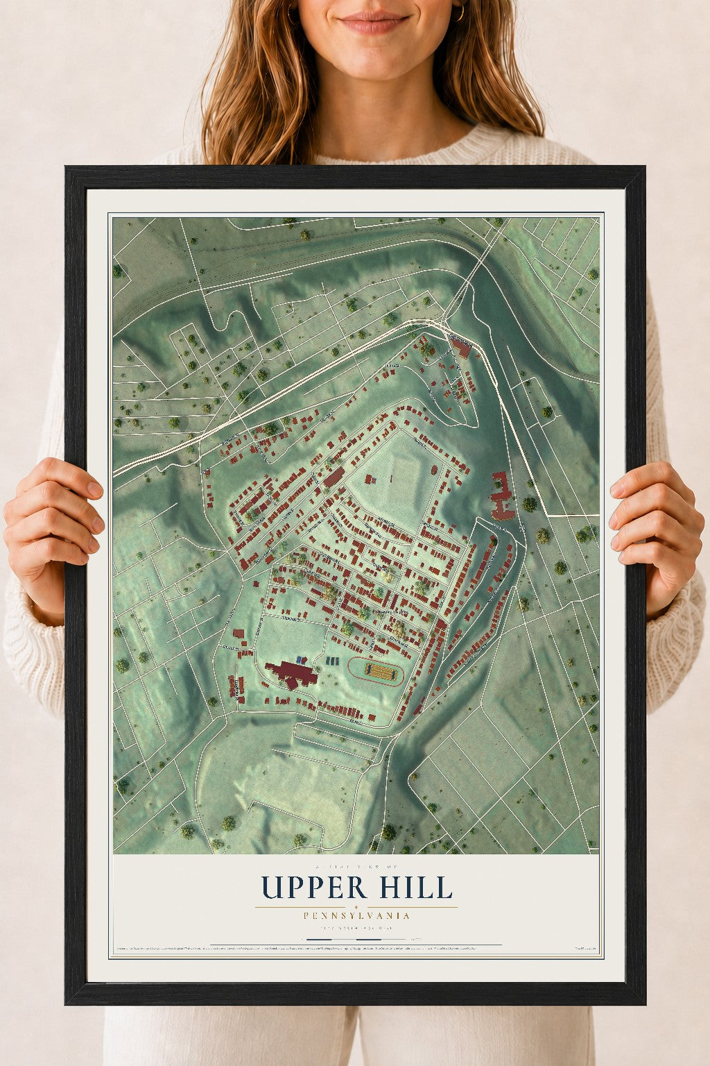 Map of Upper Hill, Pennsylvania, 18 x 24 inch print in a black wood frame