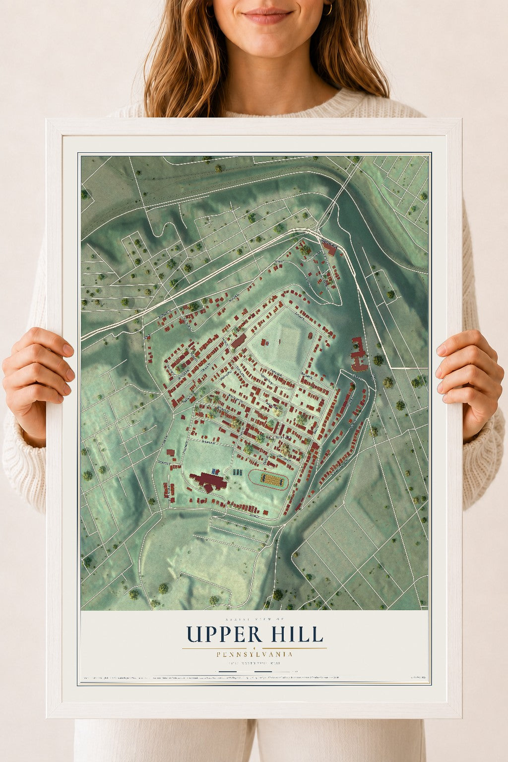 Map of Upper Hill, Pennsylvania, 18 x 24 inch print in a white wood frame