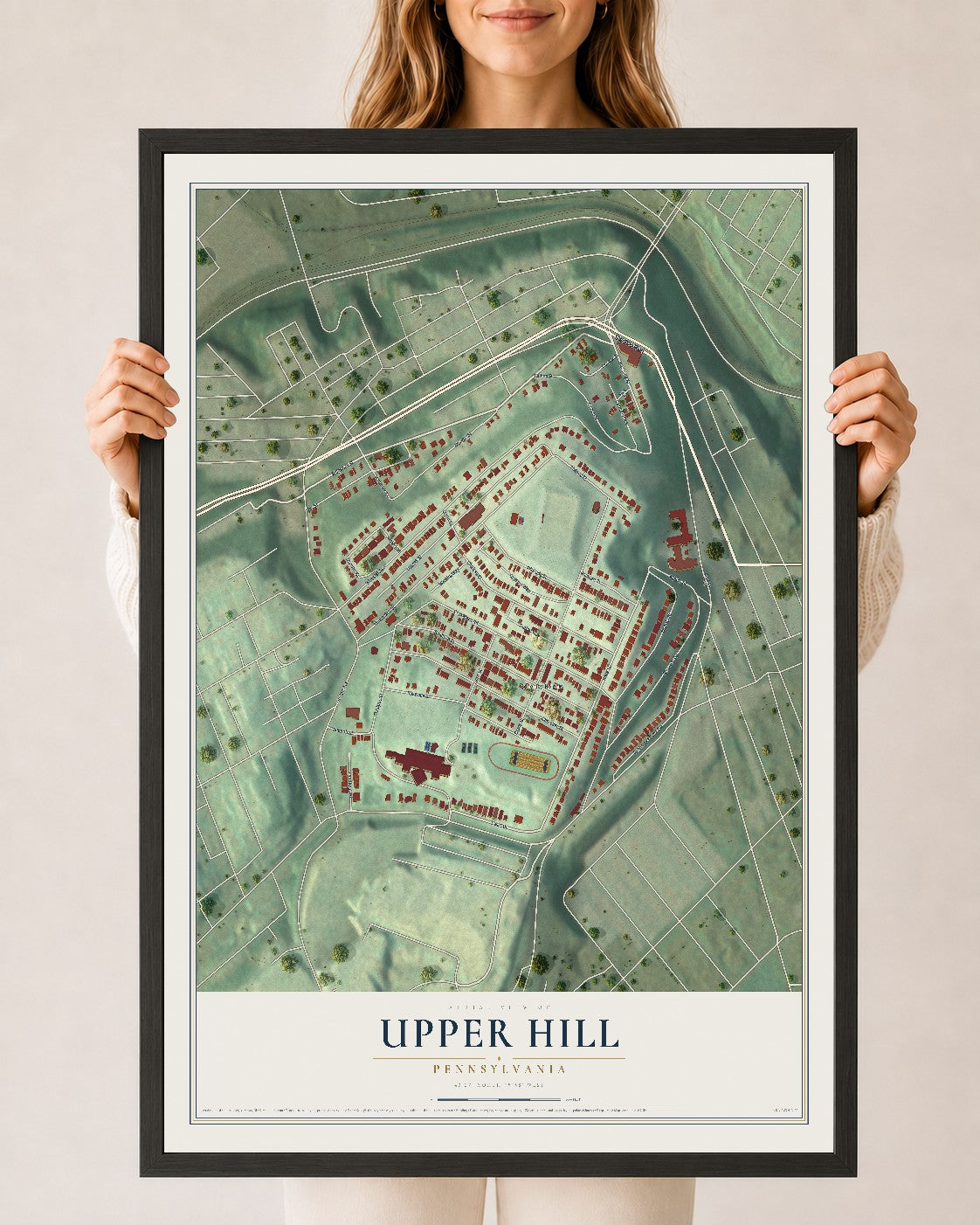 Map of Upper Hill, Pennsylvania, 24 x 36 inch print in a black wood frame