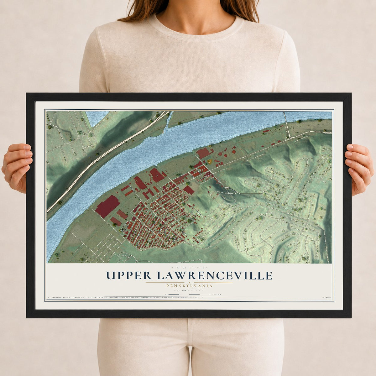 Map of Upper Lawrenceville, Pennsylvania, 12 x 18 inch print in a black wood frame