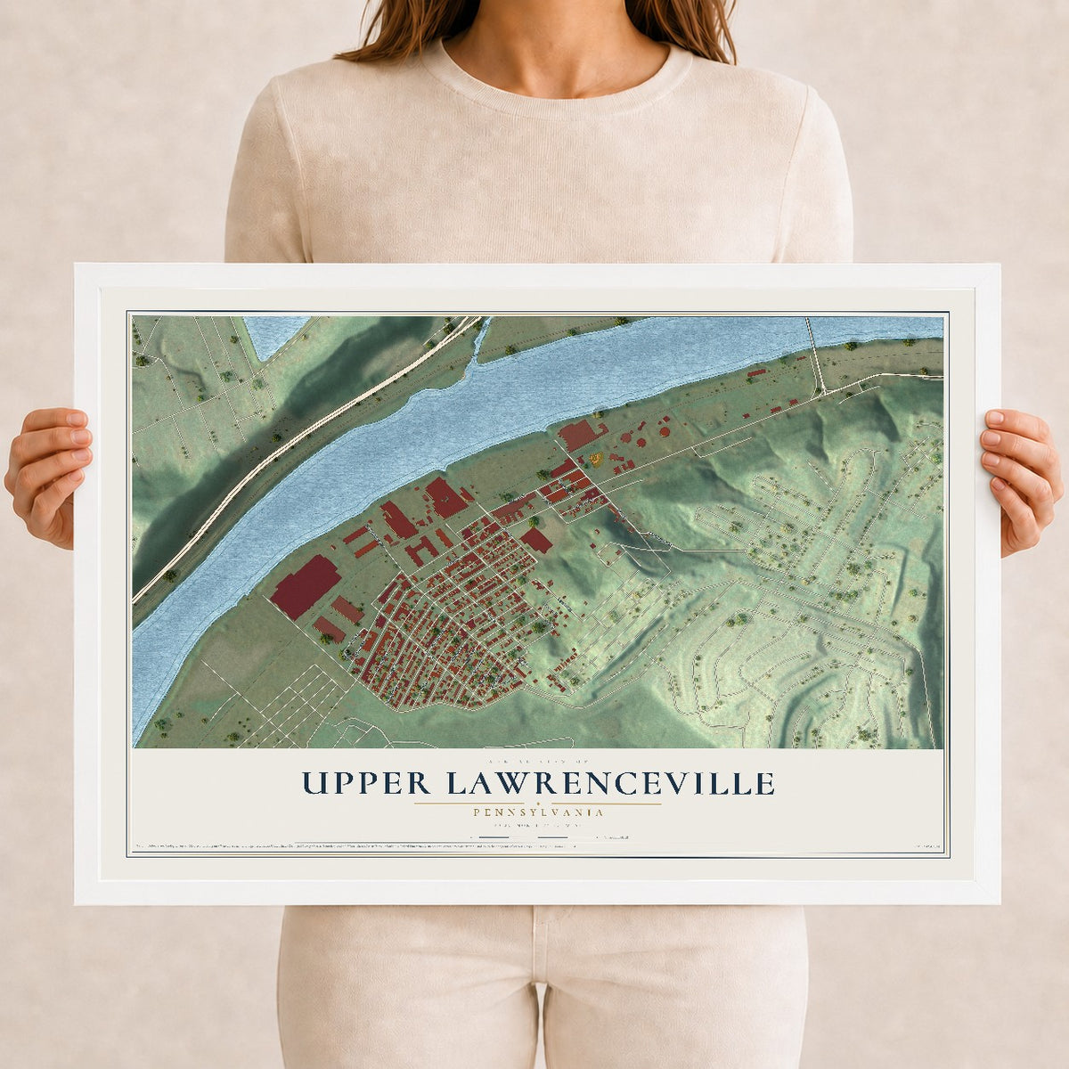 Map of Upper Lawrenceville, Pennsylvania, 12 x 18 inch print in a white wood frame