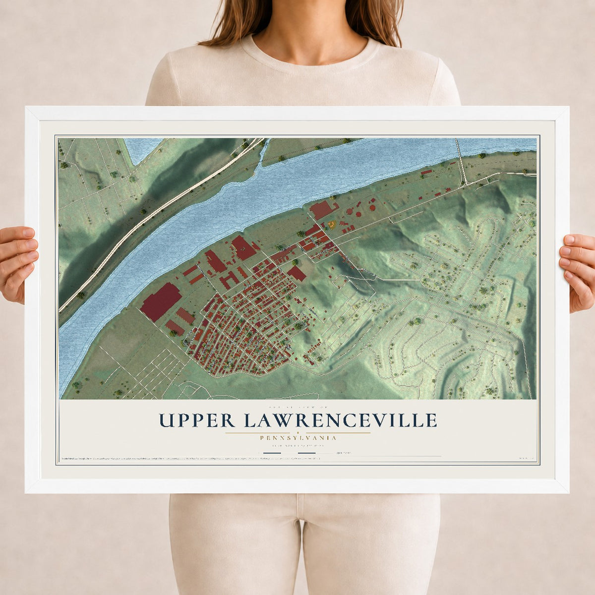 Map of Upper Lawrenceville, Pennsylvania, 18 x 24 inch print in a white wood frame