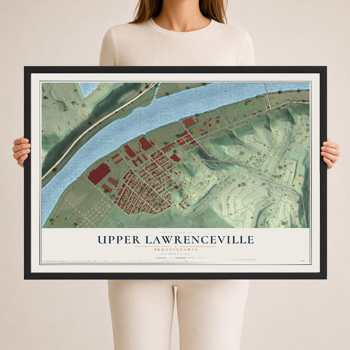 Map of Upper Lawrenceville, Pennsylvania, 24 x 36 inch print in a black wood frame