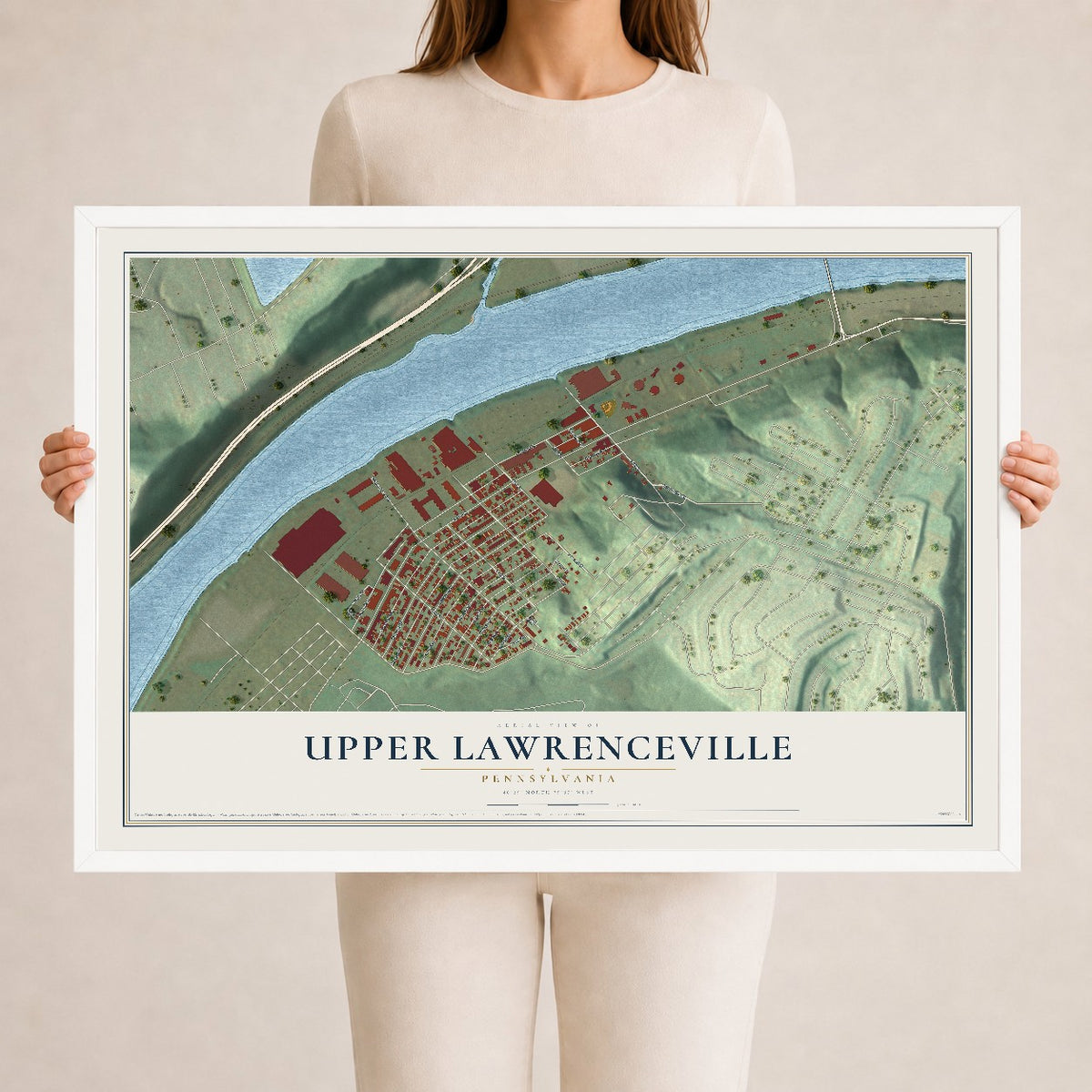 Map of Upper Lawrenceville, Pennsylvania, 24 x 36 inch print in a white wood frame