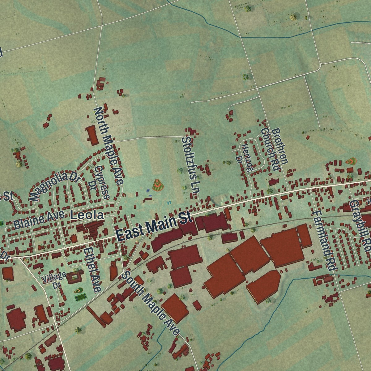 Close-up of the map of Upper Leacock, Pennsylvania print showing street and building detail