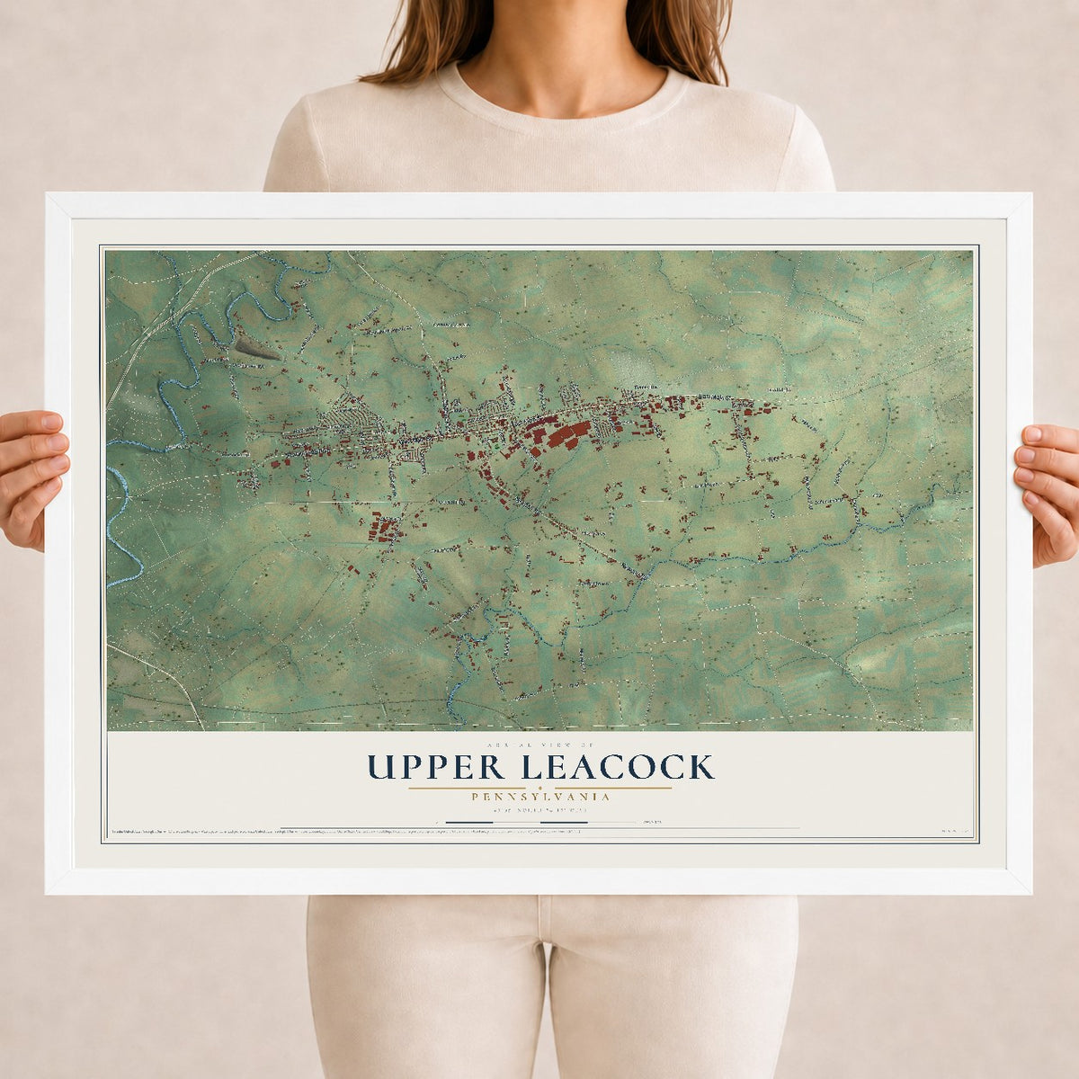 Map of Upper Leacock, Pennsylvania, 18 x 24 inch print in a white wood frame