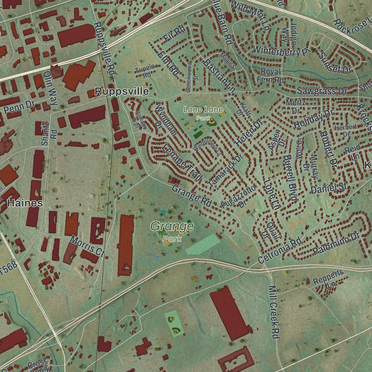Close-up of the map of Upper Macungie, Pennsylvania print showing street and building detail