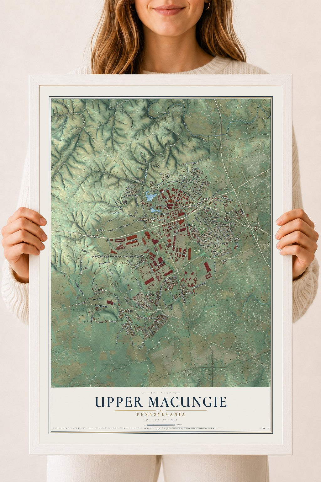 Map of Upper Macungie, Pennsylvania, 18 x 24 inch print in a white wood frame