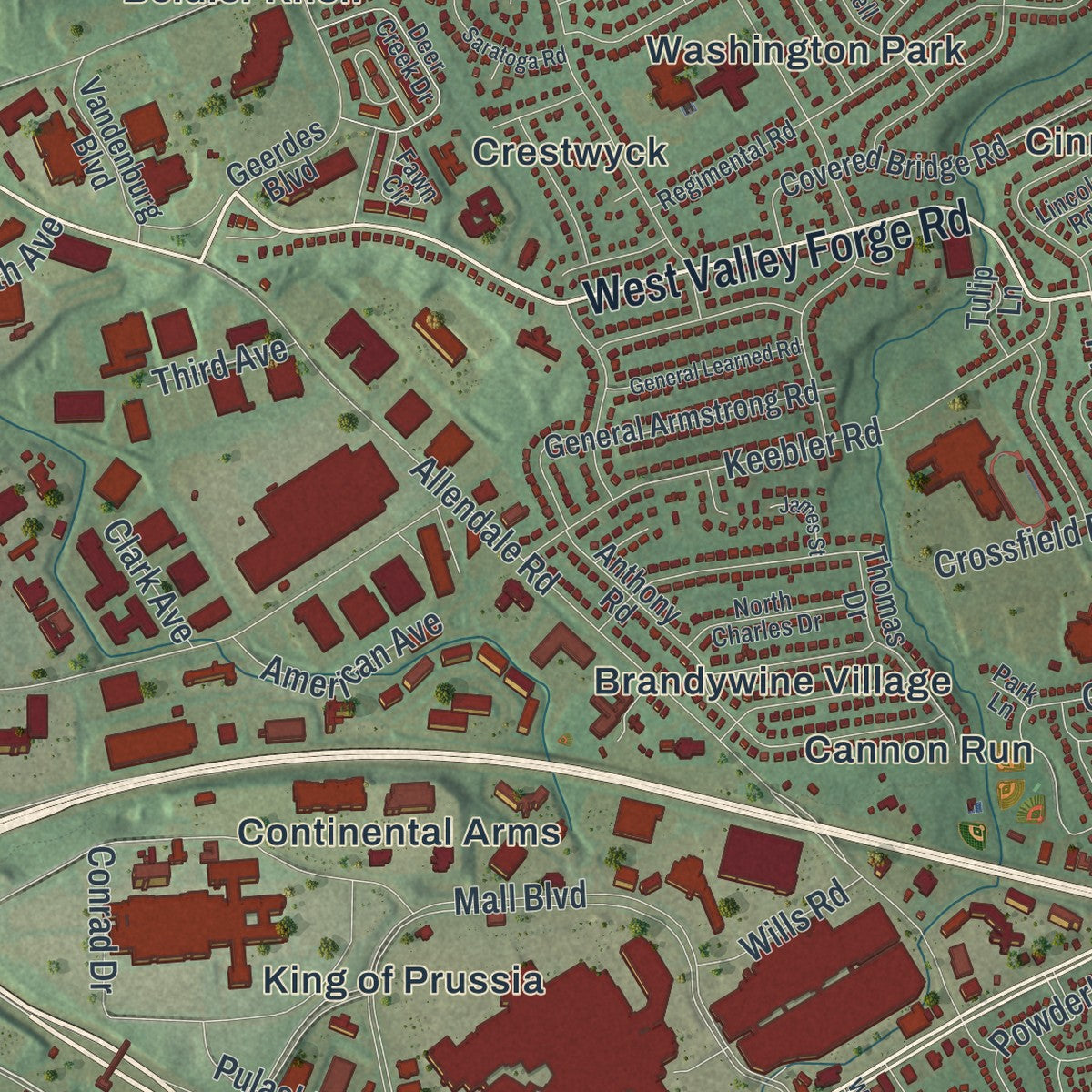 Second close-up of the map of Upper Merion, Pennsylvania print showing more streets and buildings