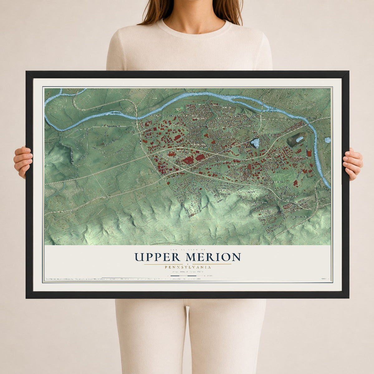 Map of Upper Merion, Pennsylvania, 24 x 36 inch print in a black wood frame