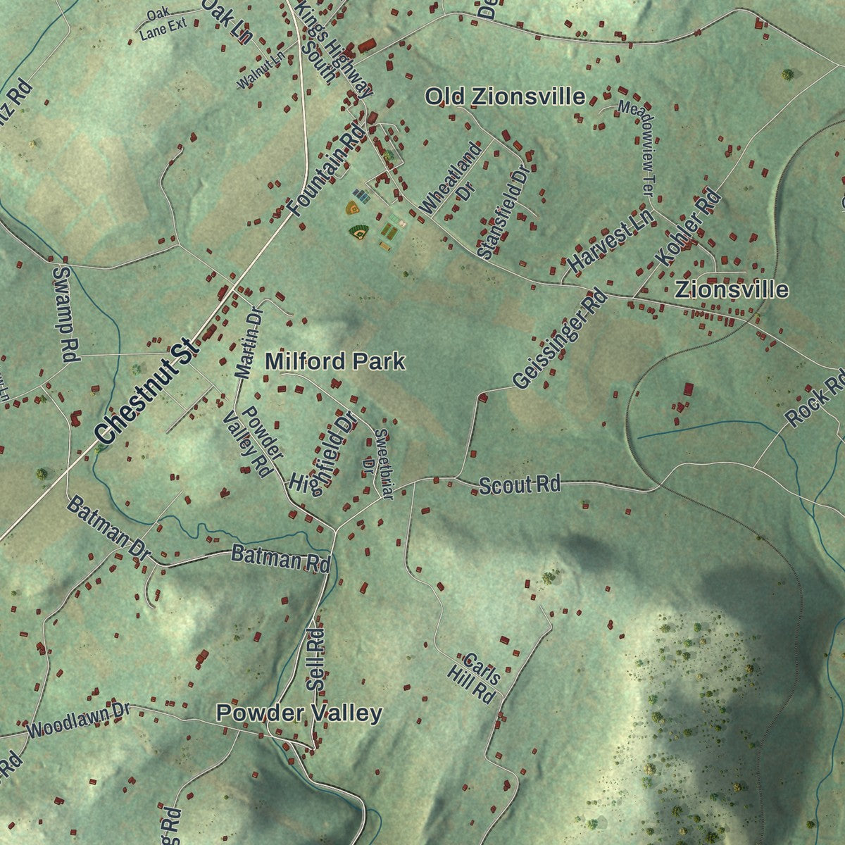 Second close-up of the map of Upper Milford, Pennsylvania print showing more streets and buildings