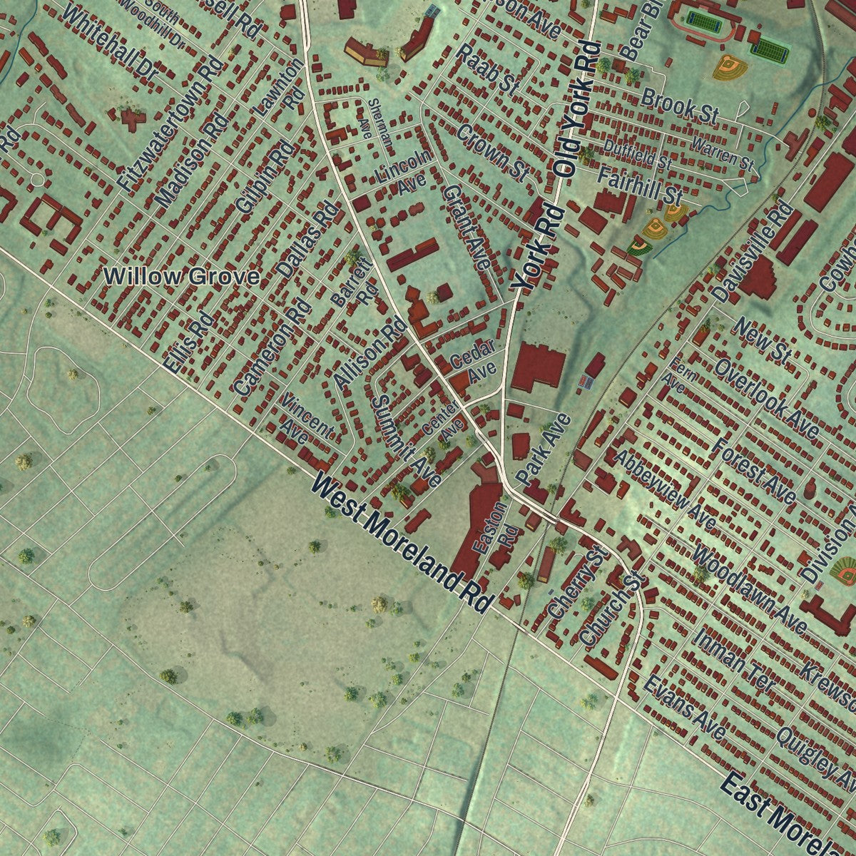 Close-up of the map of Upper Moreland, Pennsylvania print showing street and building detail