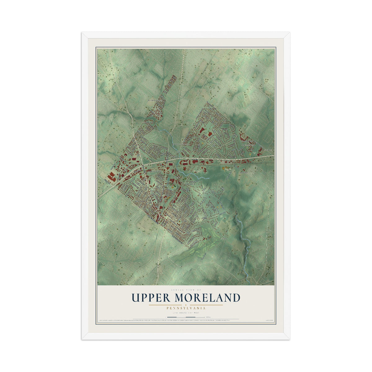 Map of Upper Moreland, Pennsylvania, 12 x 18 inch print in a white wood frame