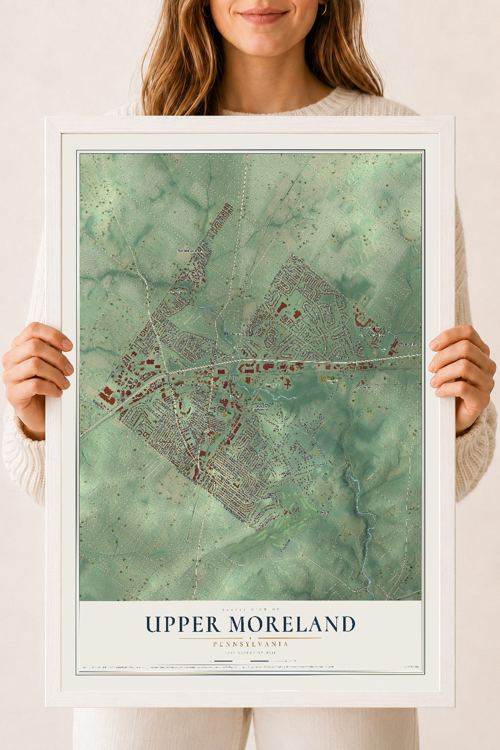 Map of Upper Moreland, Pennsylvania, 18 x 24 inch print in a white wood frame