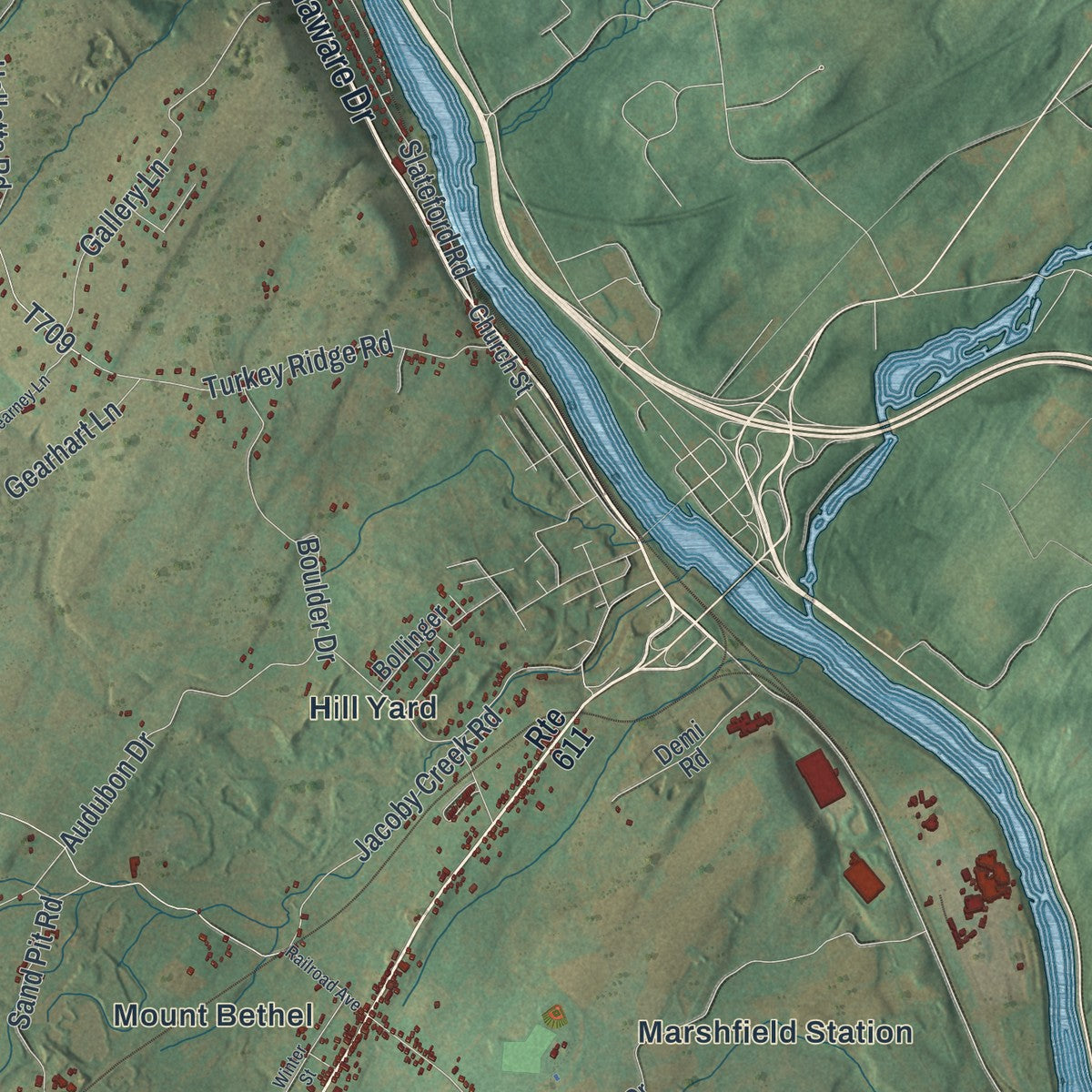 Second close-up of the map of Upper Mount Bethel, Pennsylvania print showing more streets and buildings