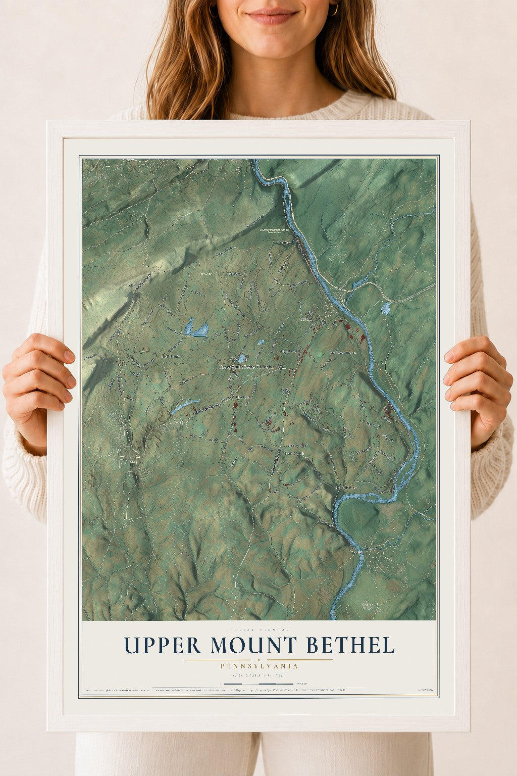 Map of Upper Mount Bethel, Pennsylvania, 18 x 24 inch print in a white wood frame